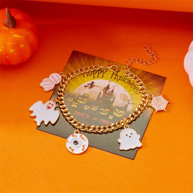 Pulsera con colgante de calabaza, murciélago y fantasma con temática de Halloween para mujer, diseño geométrico de aleación, regalo festivo