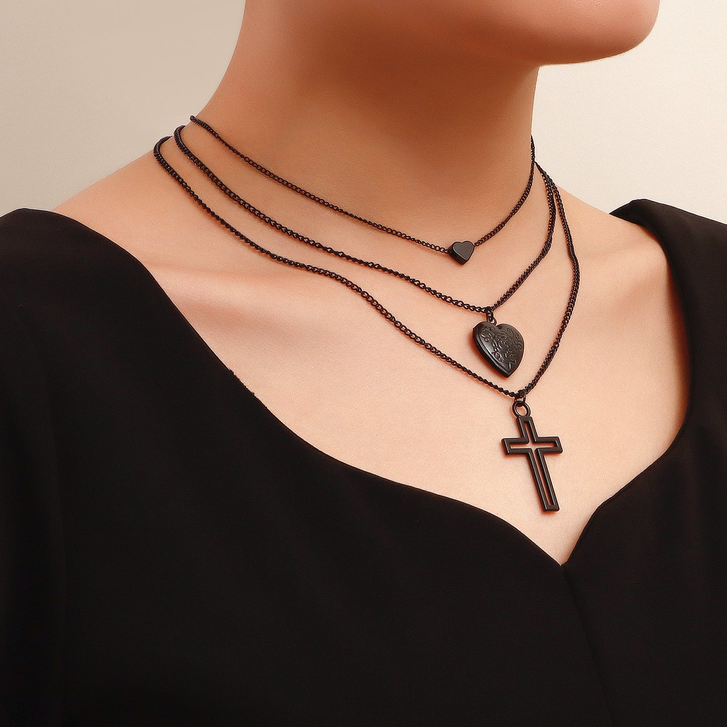 Geometric Heart and Cross Pendant Necklace for Women with Black Plated Alloy Chain and Openable Design