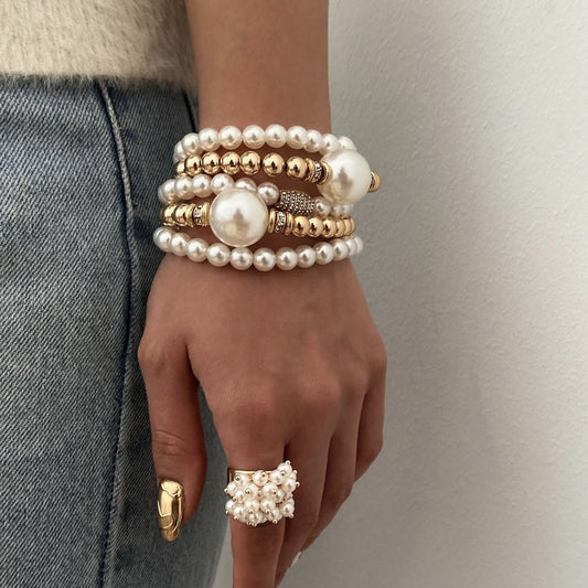 Set di bracciali a perla geometrica rotonda esagerata con strass micro-pavé per donna