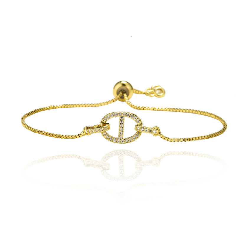 Micro-Paved Cubic Zirconia Geometric Pig Nose Brass Box Chain Bracelet for Women