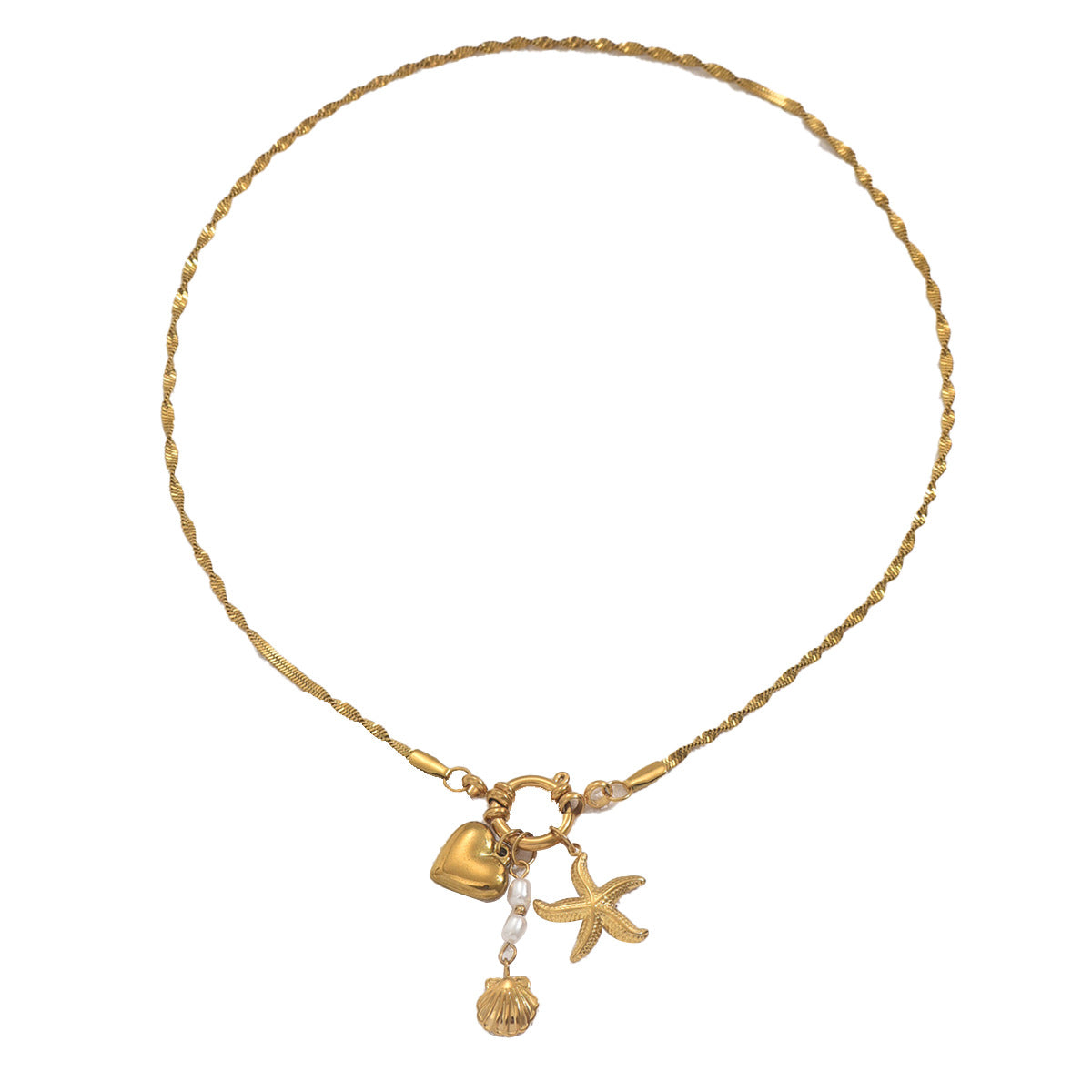 Collar con colgante minimalista de estrella y concha, inspirado en el océano, para mujer, con incrustaciones de perlas en cadena de cobre