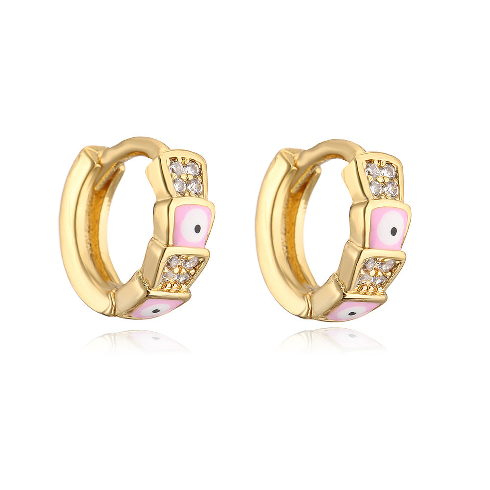 Minimalist Geometric Copper Earrings with Real Gold Plating and Enamel Eye Detail