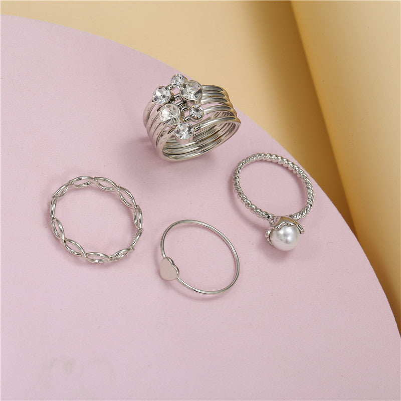 Set di Anelli da Donna Minimalisti in Lega Geometrica in Stile Francese con Strass e Perle