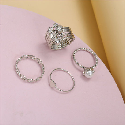 Set di Anelli da Donna Minimalisti in Lega Geometrica in Stile Francese con Strass e Perle