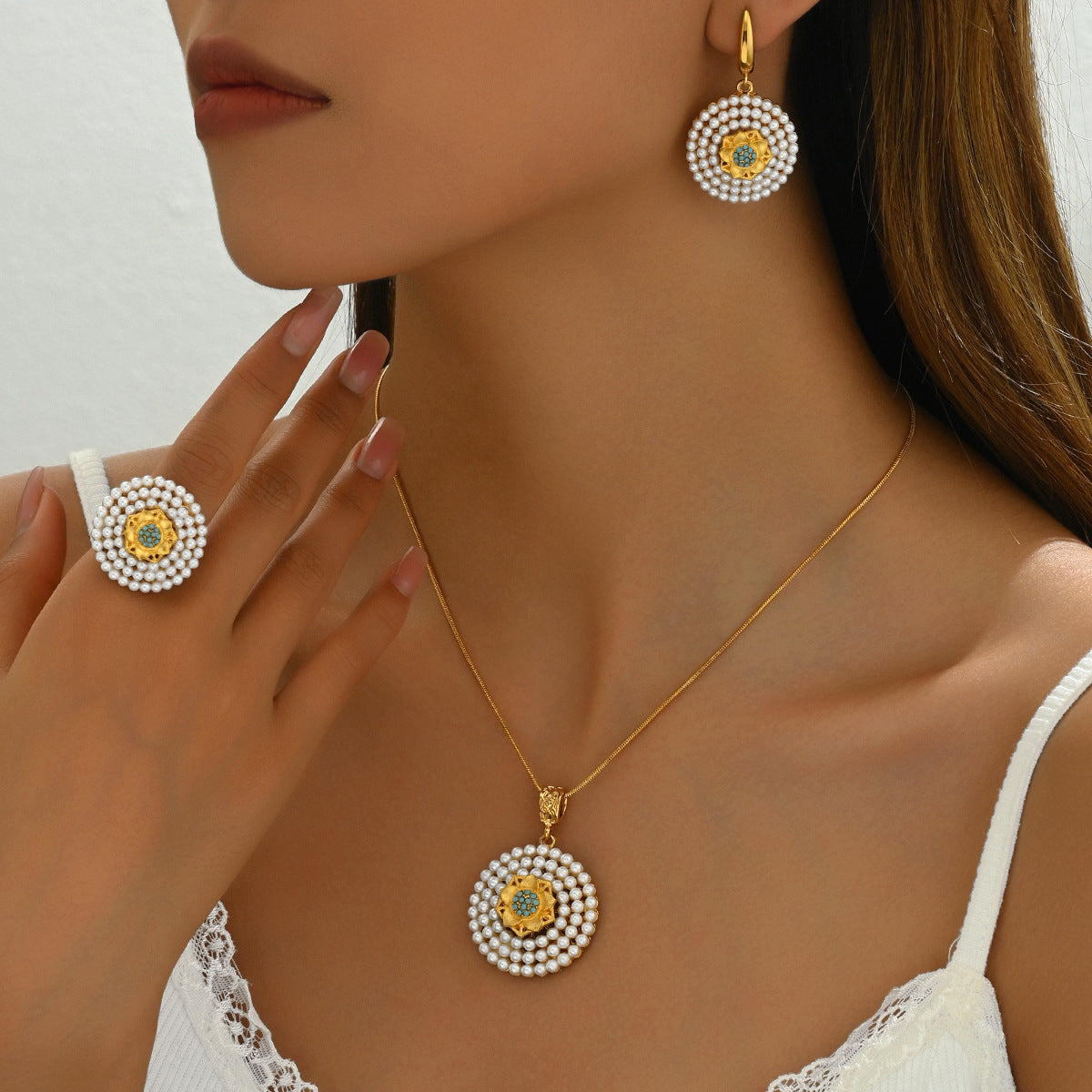Juego de Collar, Anillo y Pendientes de Aleación Geométrica Minimalista con Incrustaciones de Perlas para Mujer
