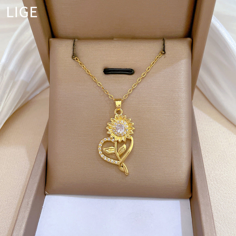 Elegant Titanium Steel Floral Pendant Necklace and Earrings Set with Rhinestone Inlay for Women