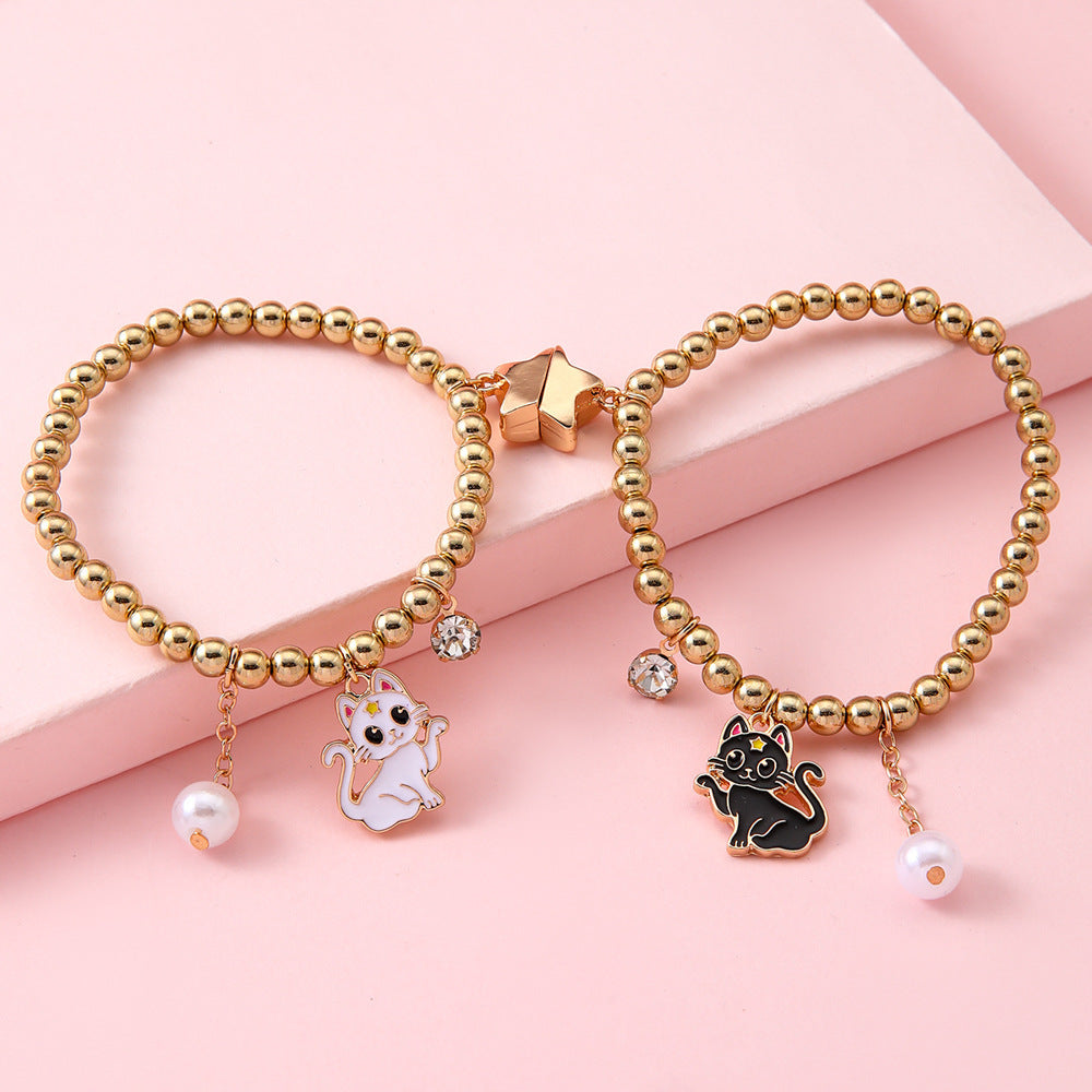 Cartoon Cat-Shaped Resin Bracelet for Girls Children's Animal-Themed Jewelry with Alloy-Inlaid Artificial Gemstones