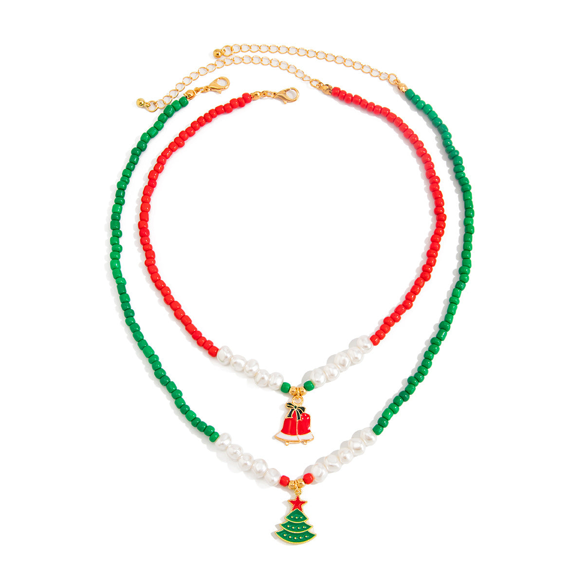 Sweet Christmas Bell and Tree Alloy Pendant Necklace with Seed Beads for Women