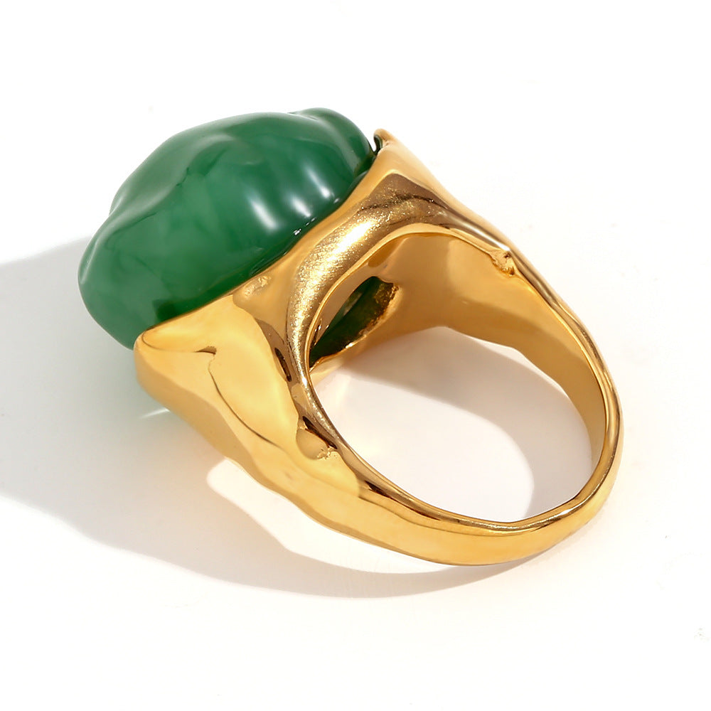 Vintage Geometric Stainless Steel Ring with 18K Gold Plating and Acrylic Accent for Women