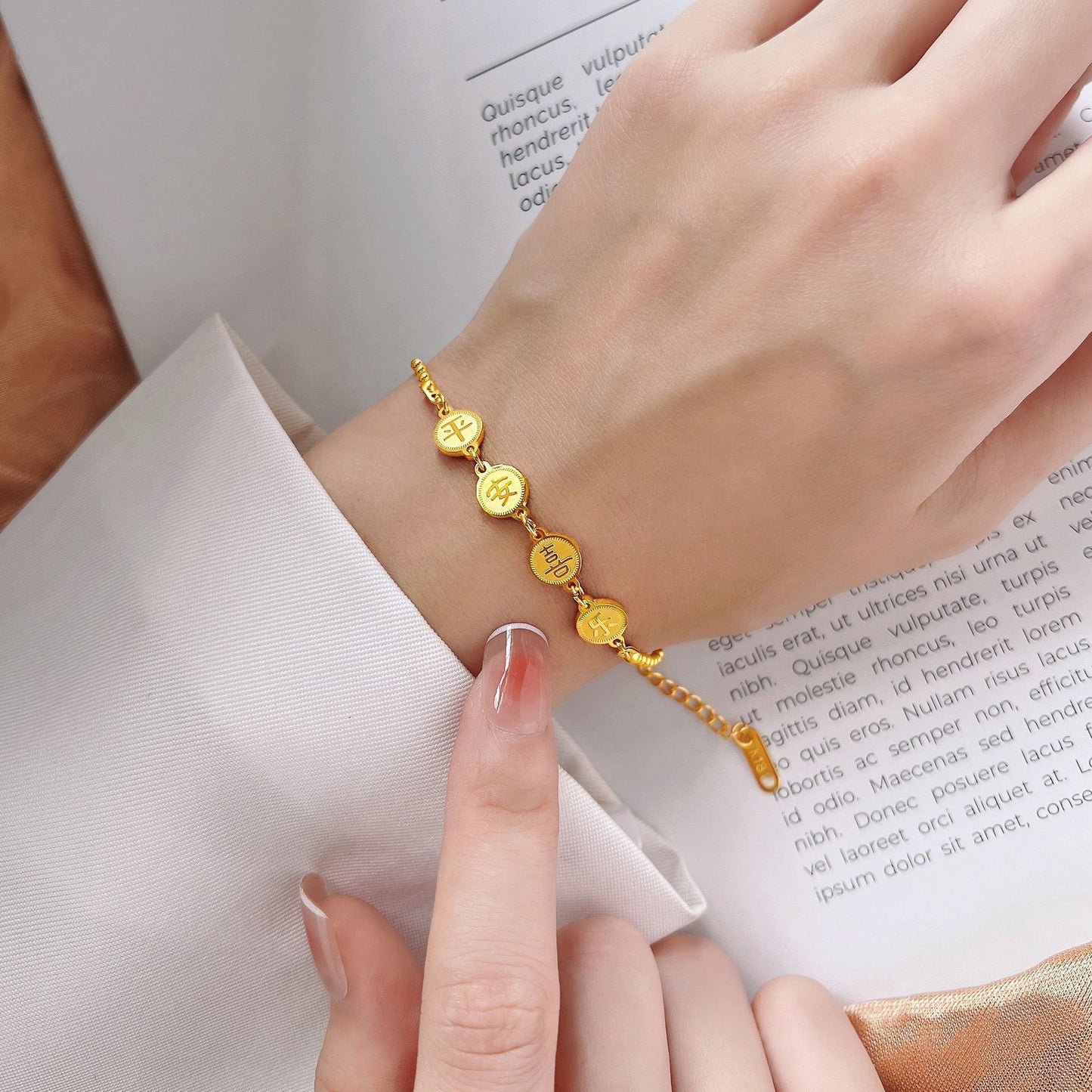 Minimalist Geometric Titanium Steel Bracelet for Women with Plating Finish, Lucky Charm Design Inspired by Chinese Aesthetic