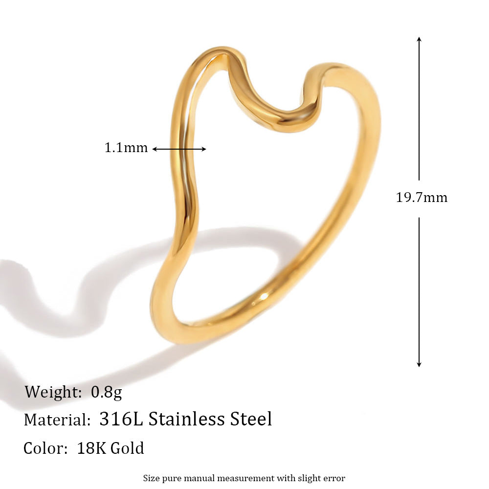 Creative Minimalist Geometric Stainless Steel Plated 18K Gold Wave Ring for Women