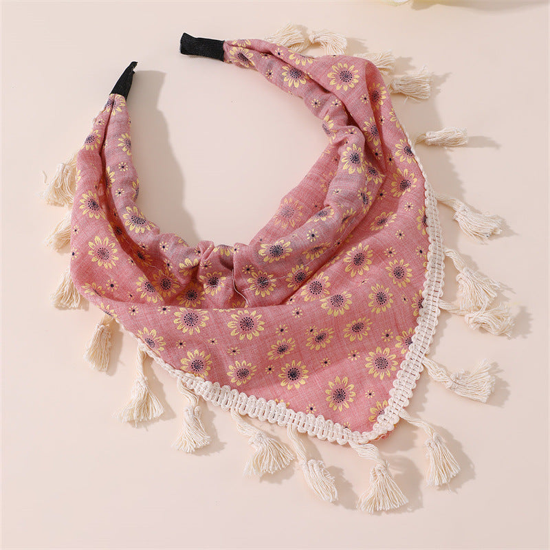 Diadema infantil con estampado floral bohemio con borlas y ribete de encaje en tela