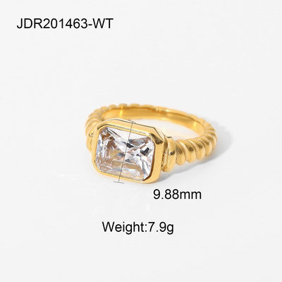 Minimalist Elegant Geometric Square Stainless Steel PVD Ring with Cubic Zirconia for Women