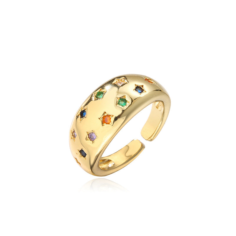 Anello a Stella Aperta Geometrico Minimalista da Donna in Ottone con Placcatura in Oro 18K e Intarsio di Zirconi Colorati