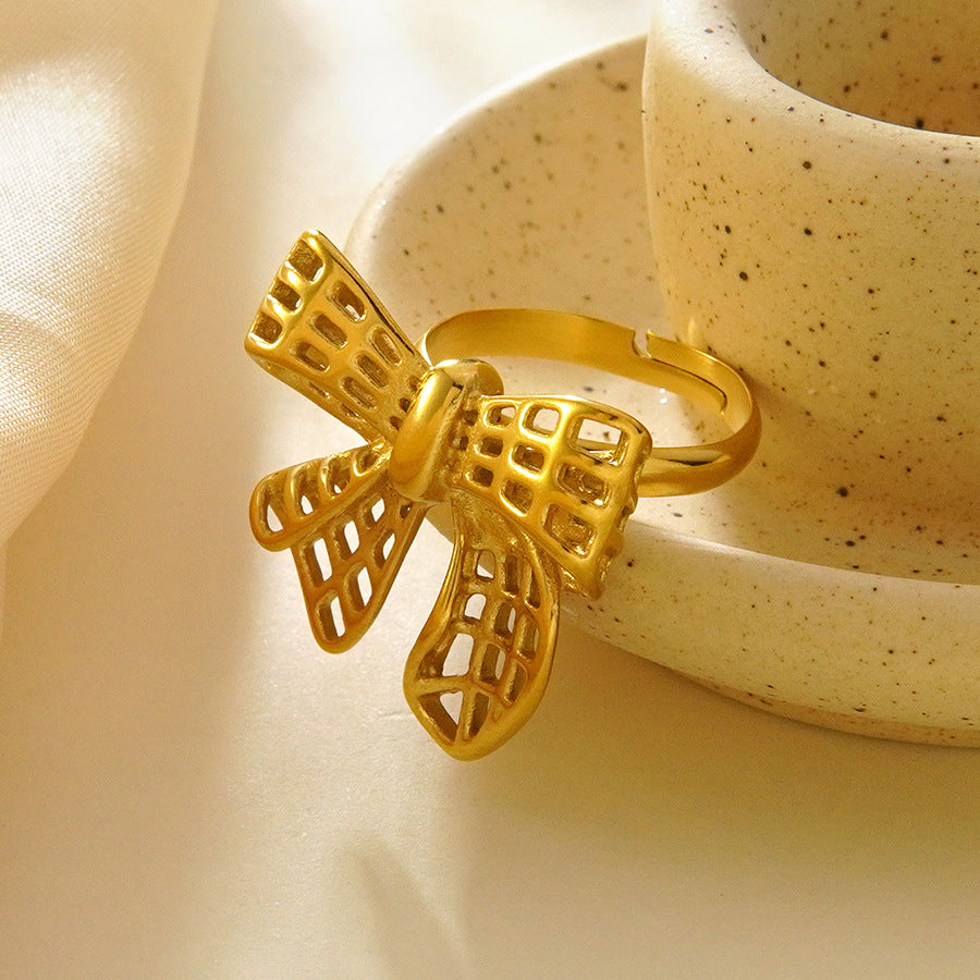 Minimalist Stainless Steel Plated Hollow Bow Ring for Unisex