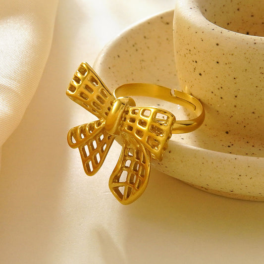 Minimalist Stainless Steel Plated Hollow Bow Ring for Unisex