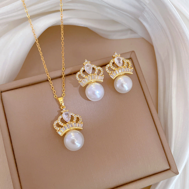 Luxury Fresh and Sweet Plated Brass Zircon Micro-Pave Earrings and Necklace Set