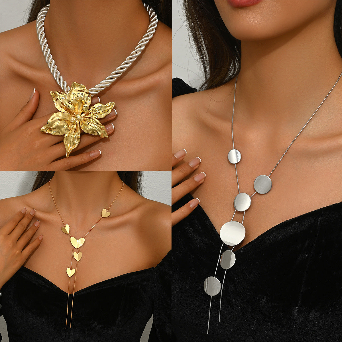 Collar con colgante de corazón floral geométrico para mujer, chapado en aleación de zinc, cadena de medallón minimalista con diseño redondo y en forma de corazón