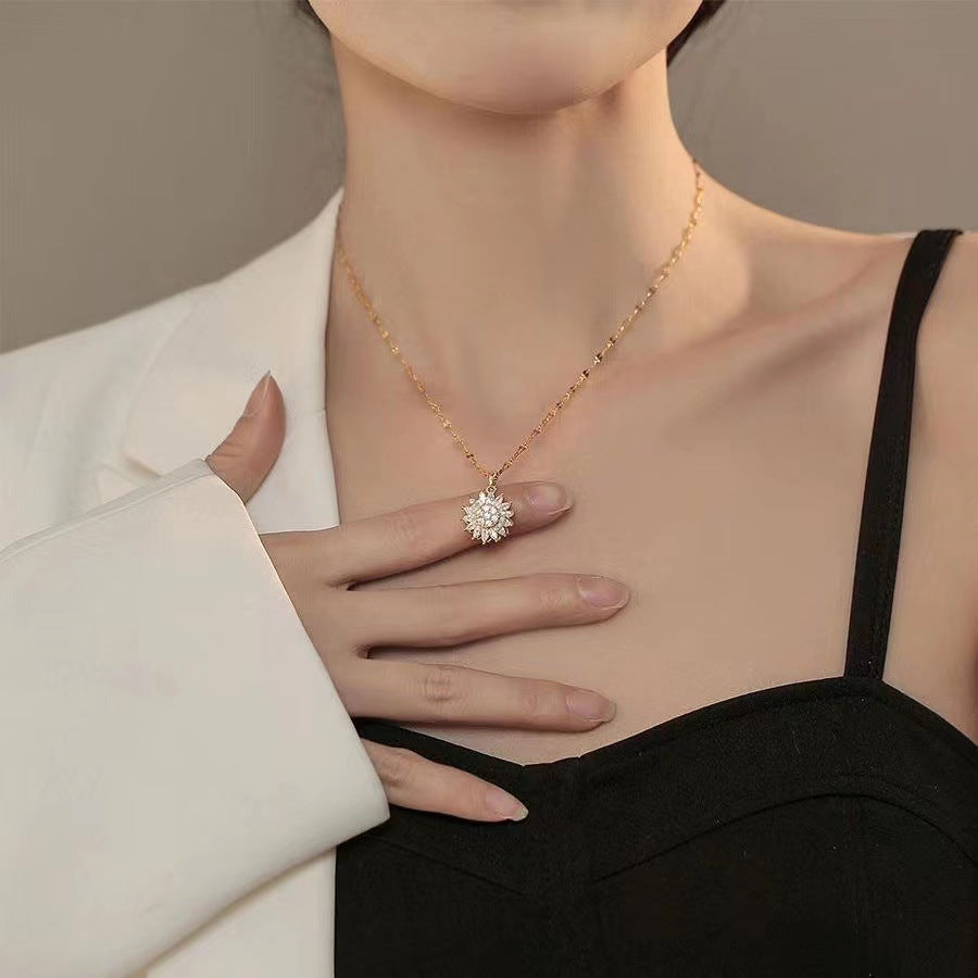 Luxury Rotating Sunflower Pendant Necklace in Titanium Steel with Full Rhinestone Inlay for Women, Delicate Clavicle Chain with Wavy Link Design