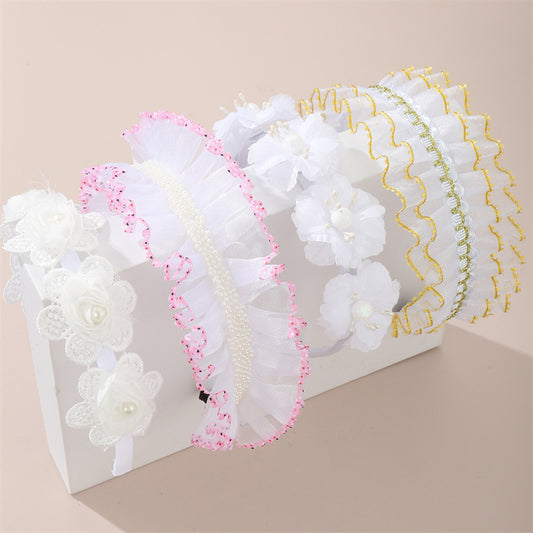 Floral Hairband for Kids with Lace Trim and Pearl Accents in Natural Style, Macaron-Colored Resin-Coated Hair Accessory