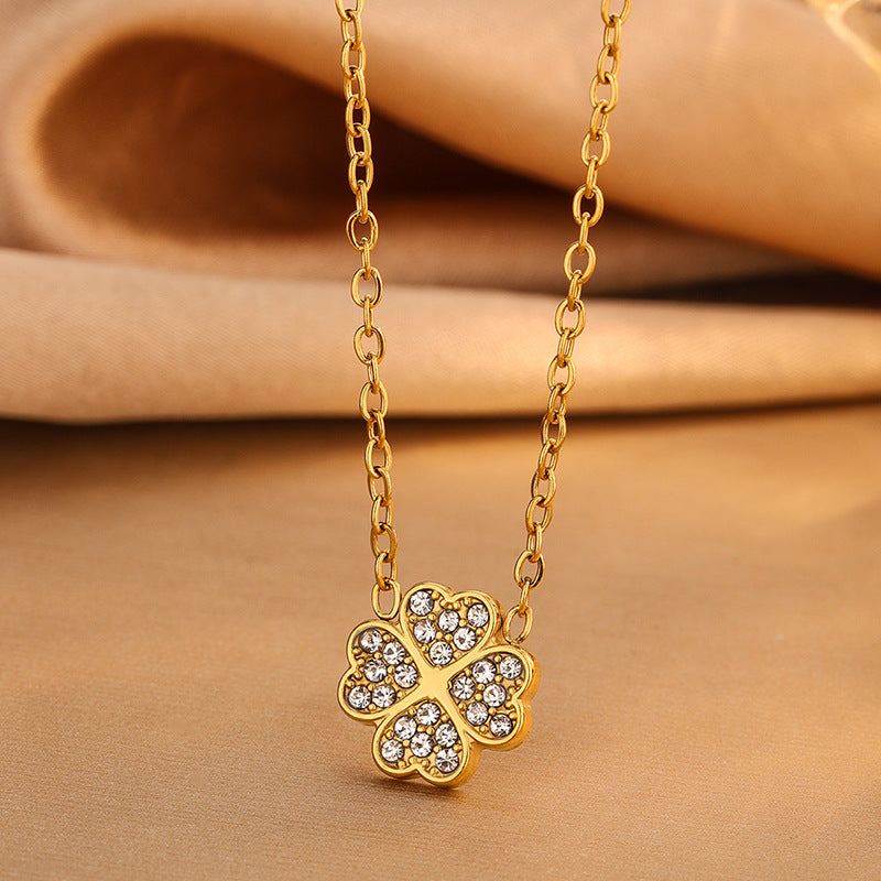 Elegant Four-Leaf Clover Rhinestone Inlay Stainless Steel Necklace Bracelet Earring Set for Women