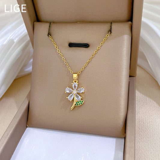 Minimalist Five-Petal Leaf Floral Pendant Necklace in Titanium Steel with Rhinestone Inlay for Women