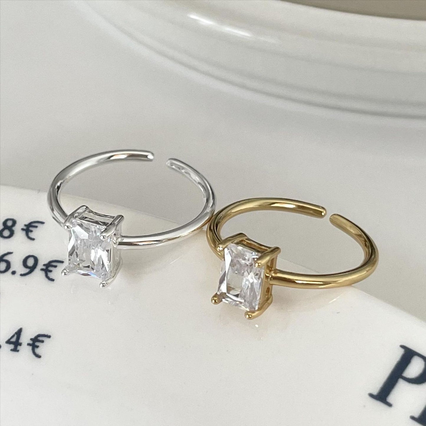 Minimalist Sweet 925 Sterling Silver Geometric Square Rhinestone Plated Open Ring