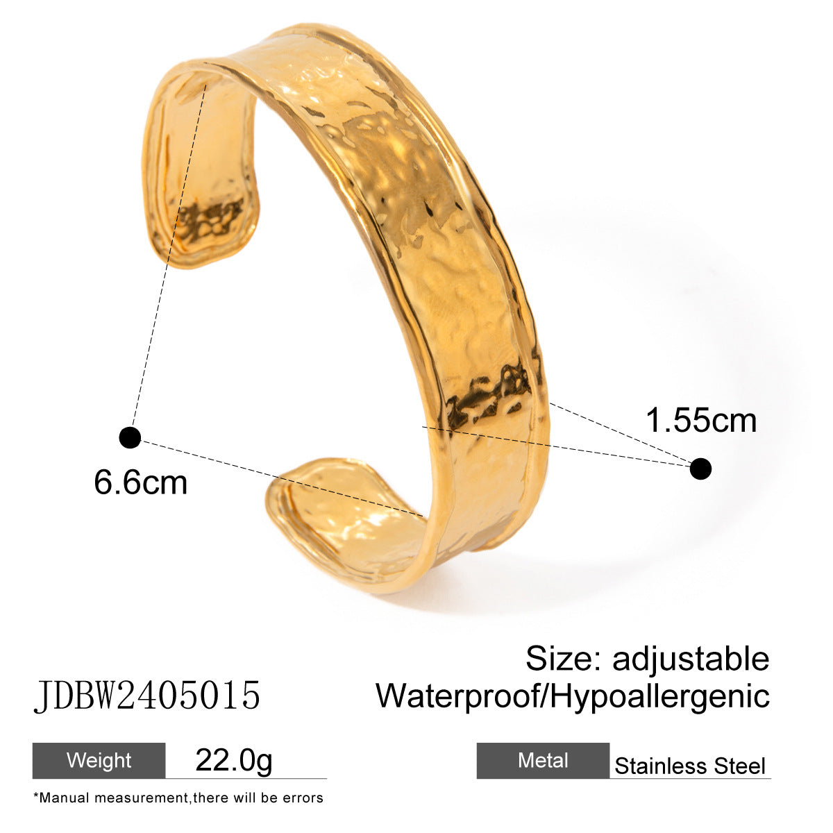 18K Gold Plated Hammered Geometric Irregular Wave Open Cuff Stainless Steel Bracelet
