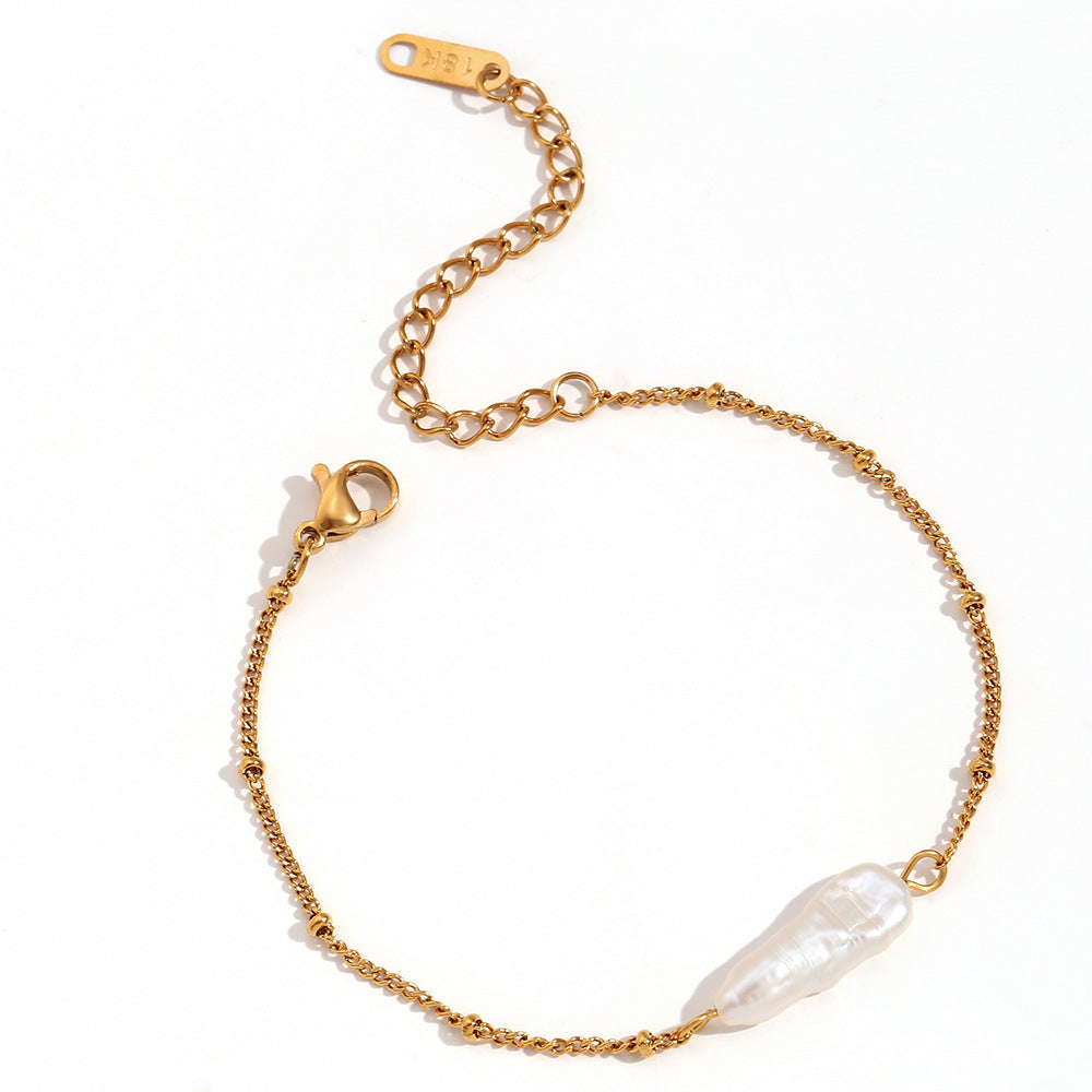 Elegant 18K Gold Plated Geometric Stainless Steel Necklace with Baroque Pearl Pendant