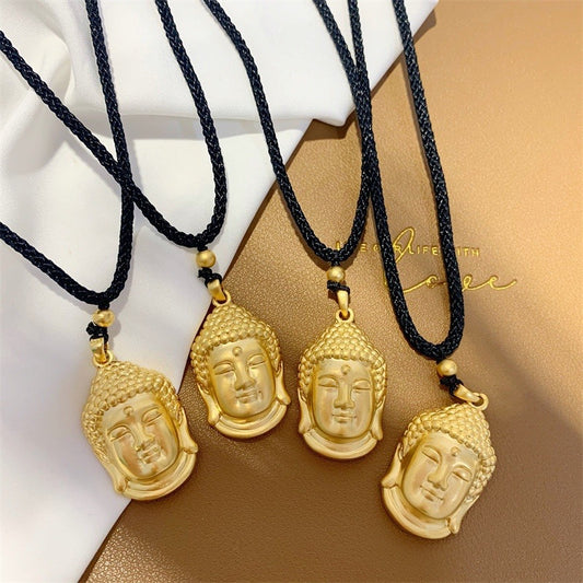 Minimalist Geometric Buddha Pendant Necklace in Titanium Steel with Gold Plating on Black Cord