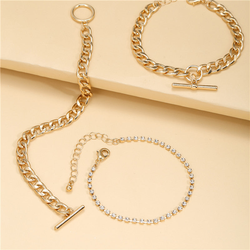 Vintage Elegant Geometric Round Rhinestone Plated Alloy Cable Chain Bracelet Set for Women