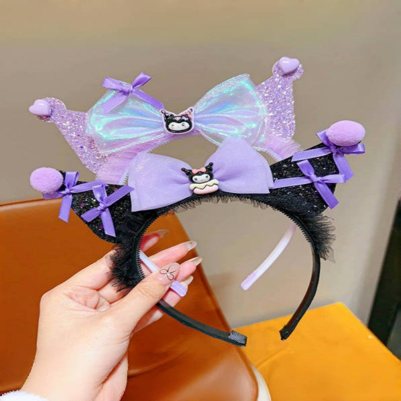 Cute Sanrio Kuromi Hairband for Girls with Bow Design Fabric Headband Sweet Cartoon Hair Accessory for Children Aged 6–10