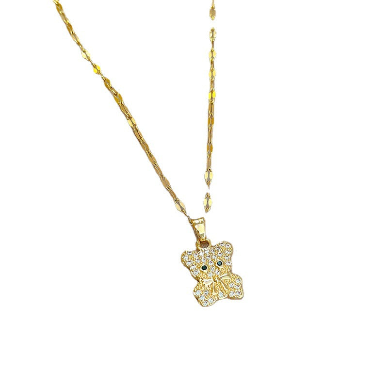 Collana con ciondolo orsetto minimalista in acciaio al titanio con intarsio di zirconi per donna e uomo