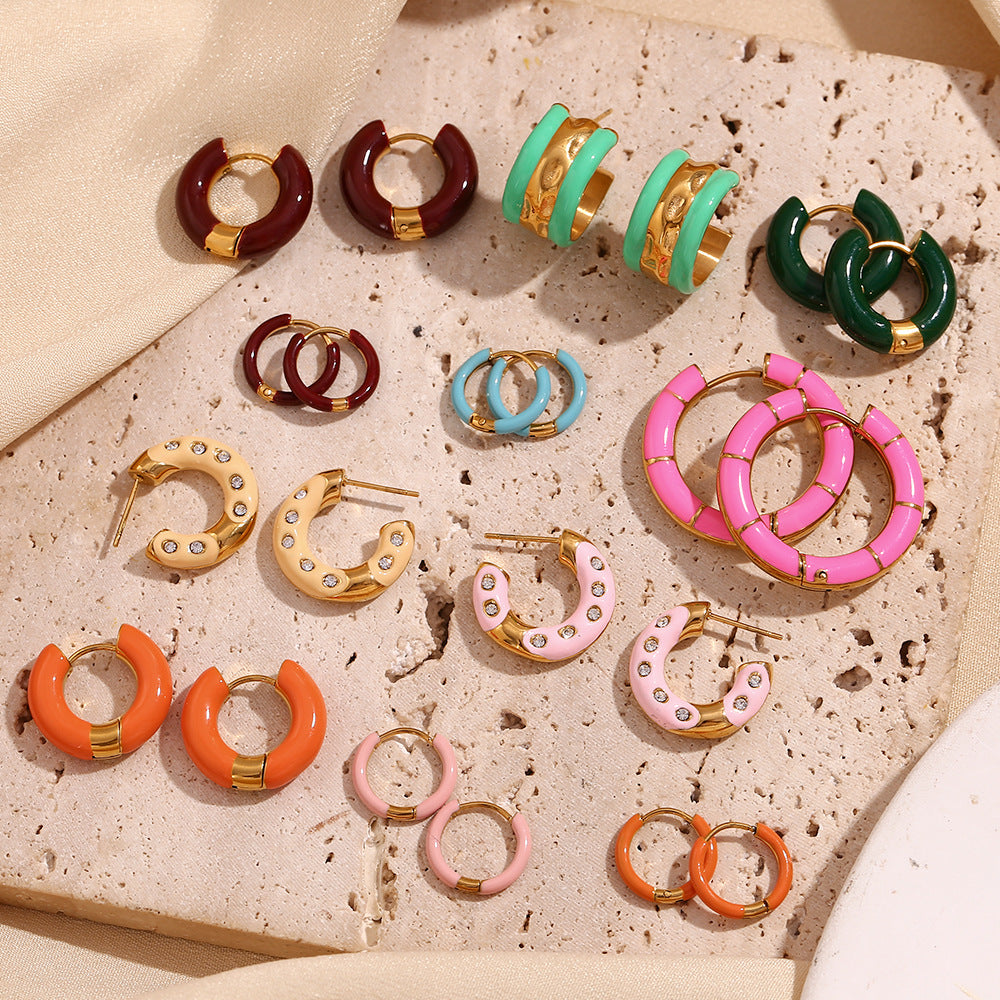 Fashion Geometric Donut Hoop Earrings Stainless Steel 18K Gold Plated Water Wave Enamel for Women