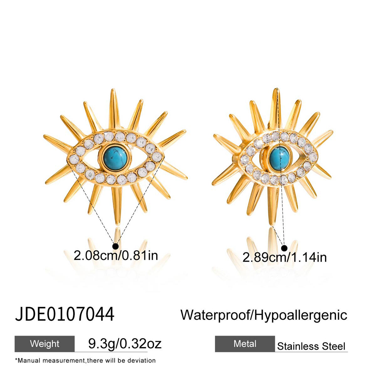 Set de pendientes de tuerca y anillo de ojo turco minimalista para mujer en acero de titanio con baño de rodio