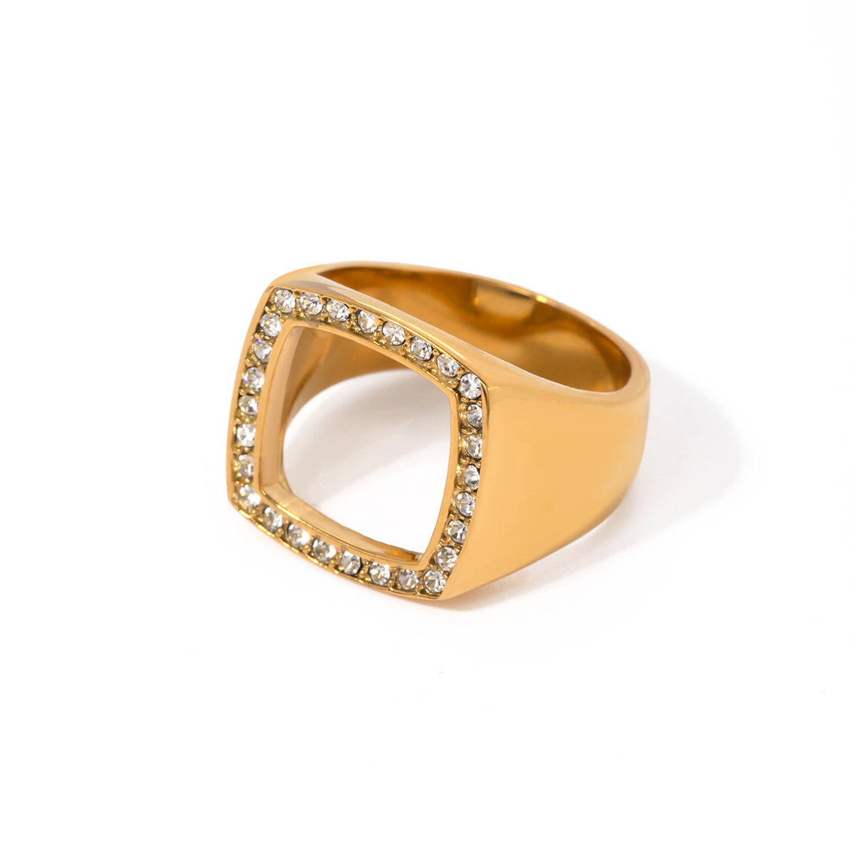 Fashion Minimalist 18K Gold Plated Stainless Steel Square Hollow Rhinestone Ring for Women