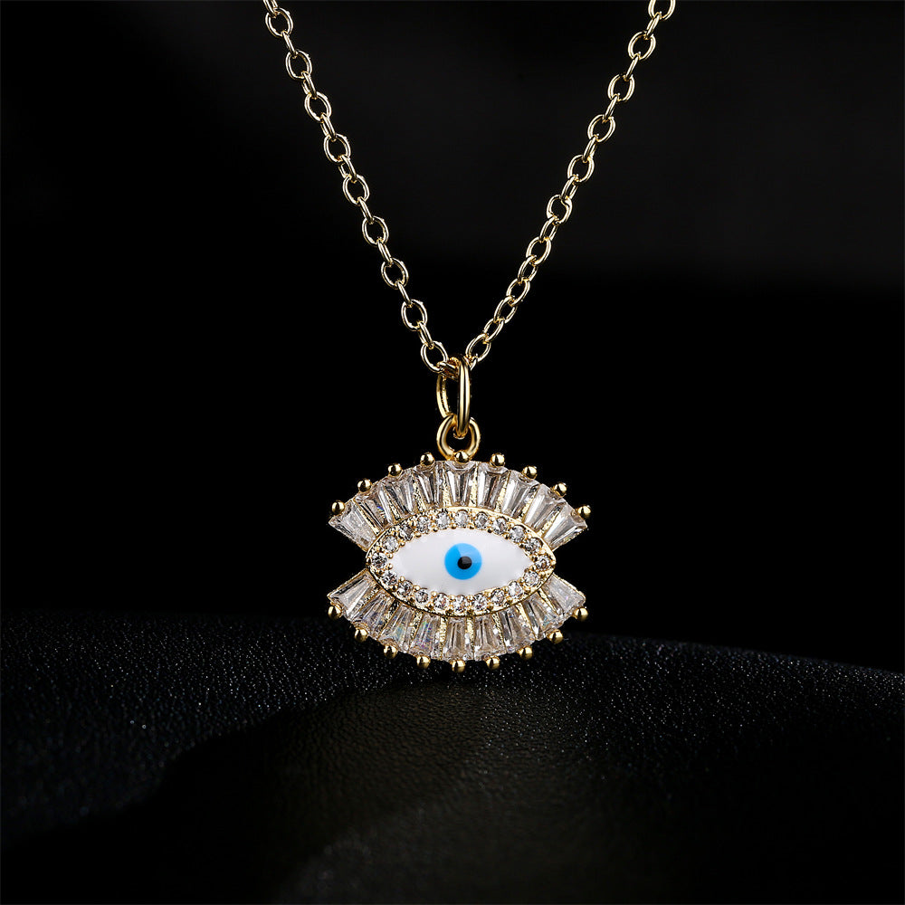 Minimalist Geometric Eye Pendant Necklace for Women with Copper Base and 18K Gold Plating, Enamel Finish and Zircon Inlay