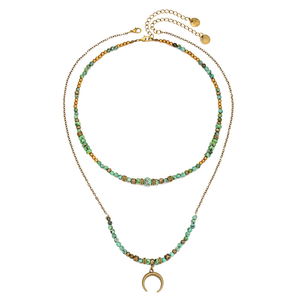 Vintage Moon Geometric Alloy Turquoise Beaded Cable Chain Necklace