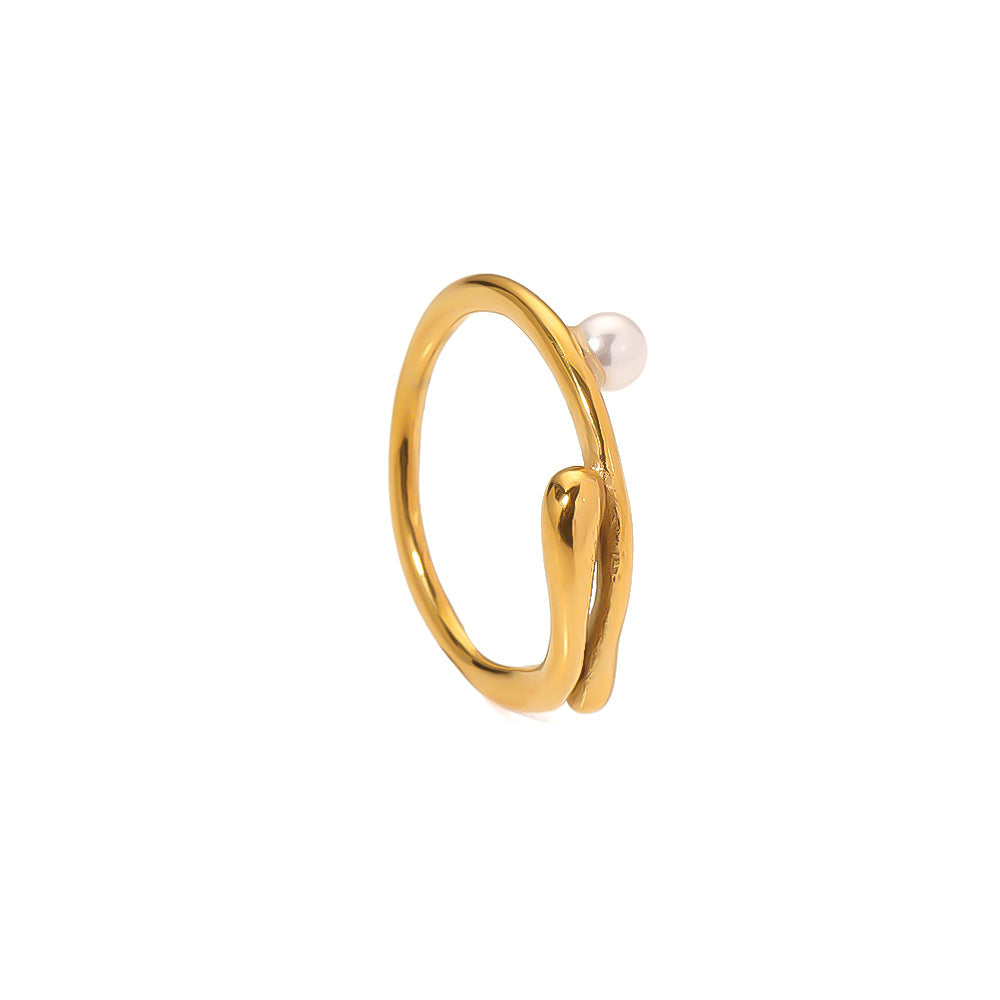 Anello da donna in acciaio inossidabile placcato oro 18 carati con perle d'acqua dolce geometriche irregolari, stile minimalista francese