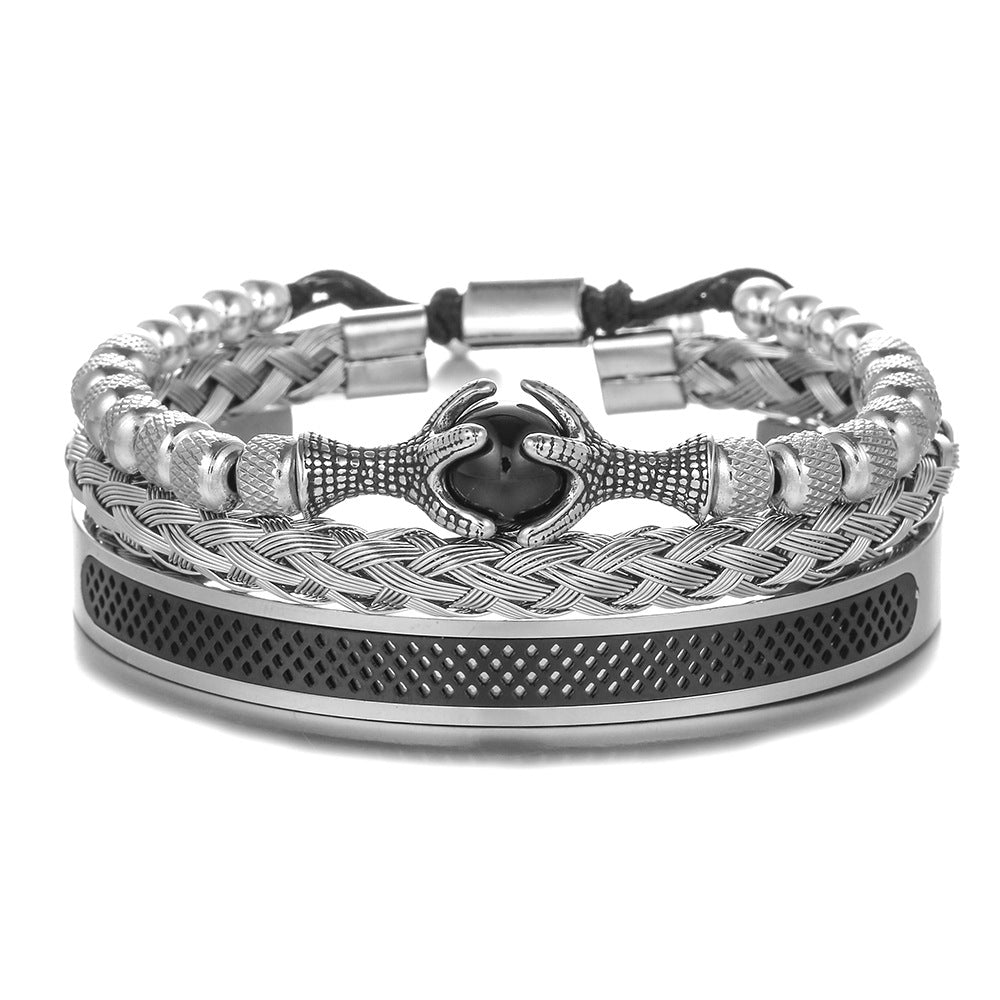Personalized 10mm Tiger's Eye Titanium Steel Rope Chain Bracelet Set with Dragon Claw Beads