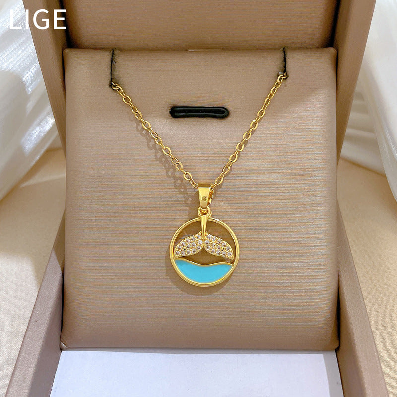 Sweet Minimalist Geometric Fish Tail Rhinestone Pendant Necklace Titanium Steel Cable Chain for Unisex