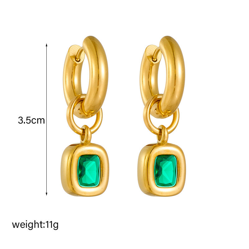 Vintage Minimalist Square and Circle Geometric Titanium Steel Earrings with Emerald Green Rhinestone Inlay