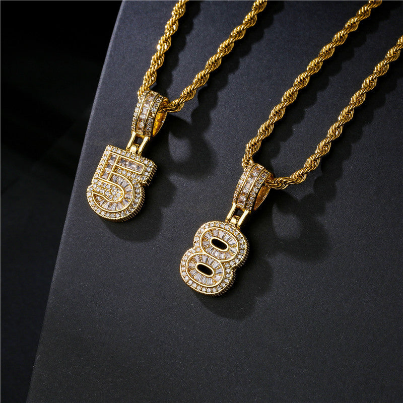 Hip-hop Punk Minimalist Gold Plated Brass Number Cubic Zirconia Pendant Necklace with Rope Chain for Men