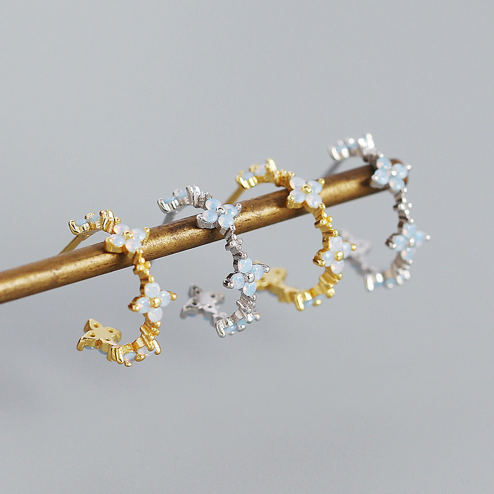 Sweet and Edgy Floral Clover-Shaped S925 Sterling Silver Stud Earrings with Milky White Stone Accents