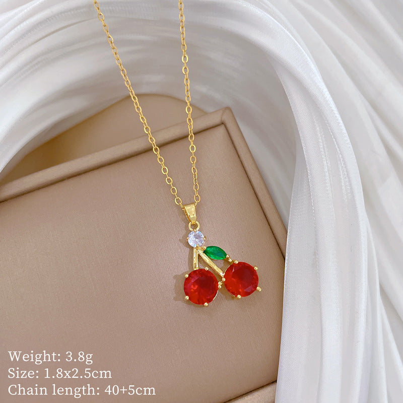 Cartoon Style Cherry-Shaped Stainless Steel Necklace with Rhinestone Inlay for Women and Men, Delicate Clavicle Chain