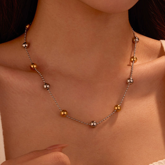 Minimalist Geometric Stainless Steel Necklace with Polished Finish for Women, Round Bead Pendant Fashion Clavicle Chain
