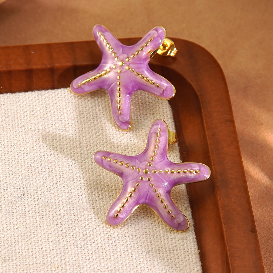 Luxury Colorful Drip Oil Starfish Stainless Steel Earrings for Women