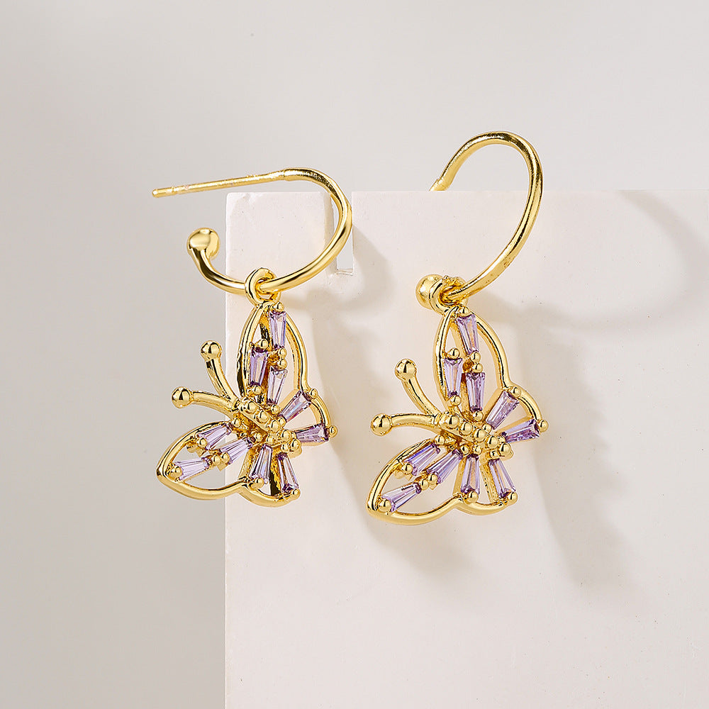 Eleganti Orecchini a Farfalla in Rame Stile Francese con Placcatura in Oro 18K e Intarsio di Zirconi da Donna