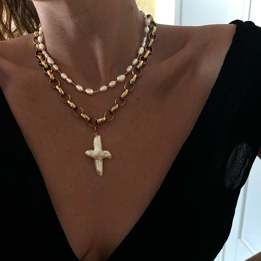 Vintage Baroque Pearl Cross Necklace with Rhinestone Inlay for Women