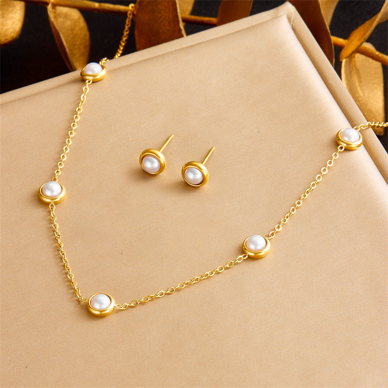 Set collana orecchini bracciale a catena a scatola in acciaio inossidabile con perle rotonde, stile vintage